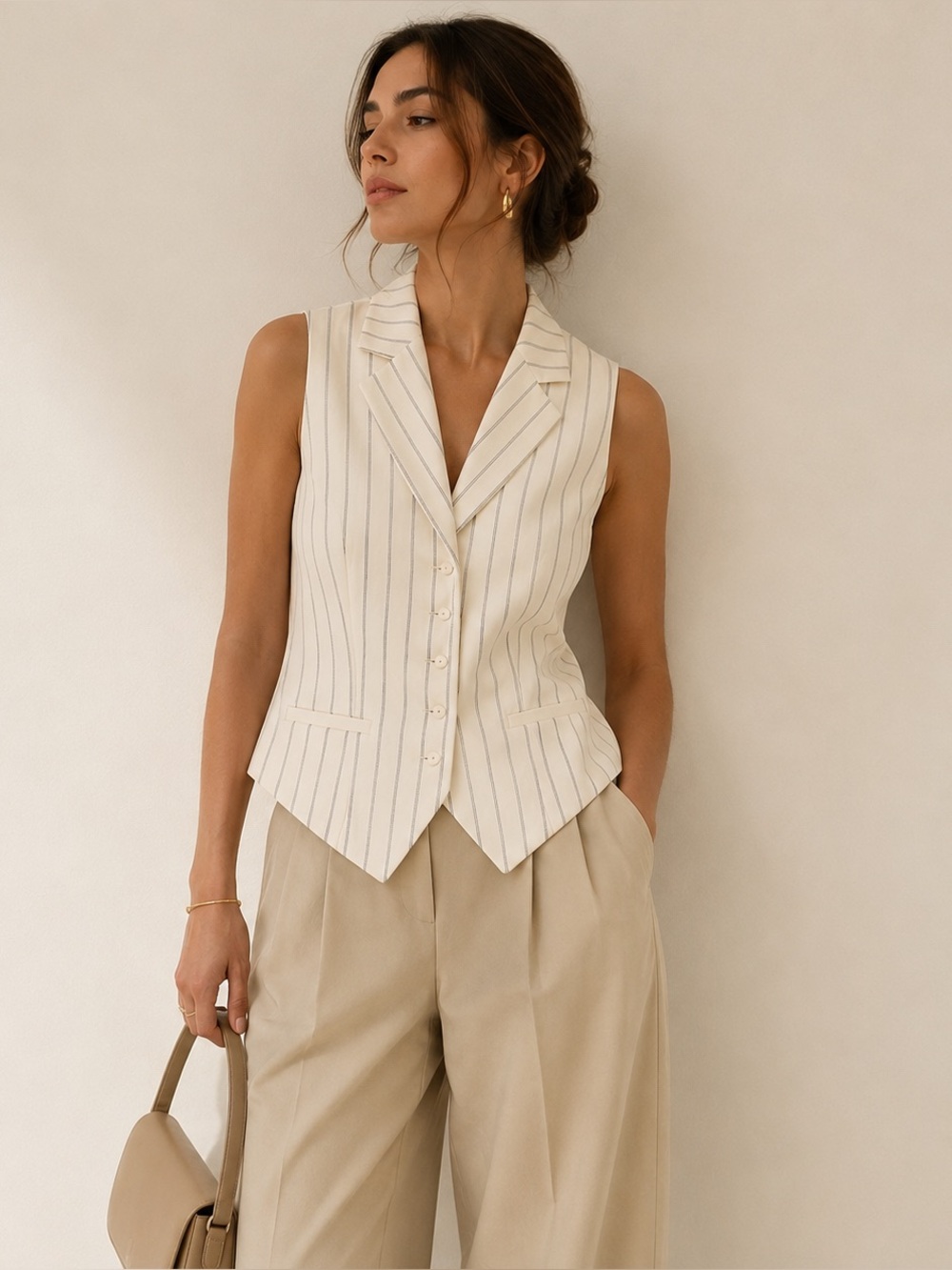 Cream Minimalist Pinstripe Sleeveless Button Front Vest | Women’s Size 12